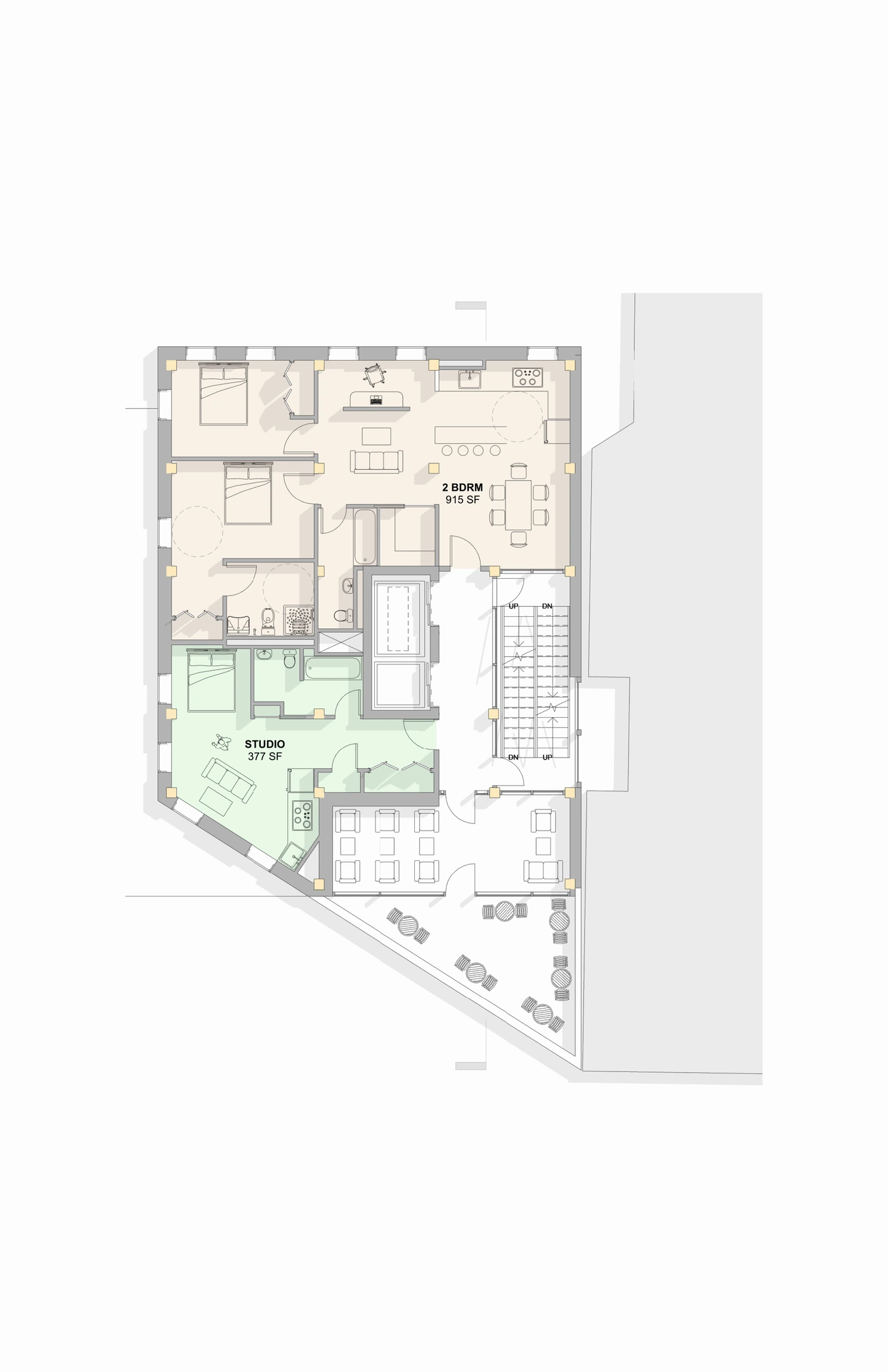 Terrace level · 2-bedroom unit + studio