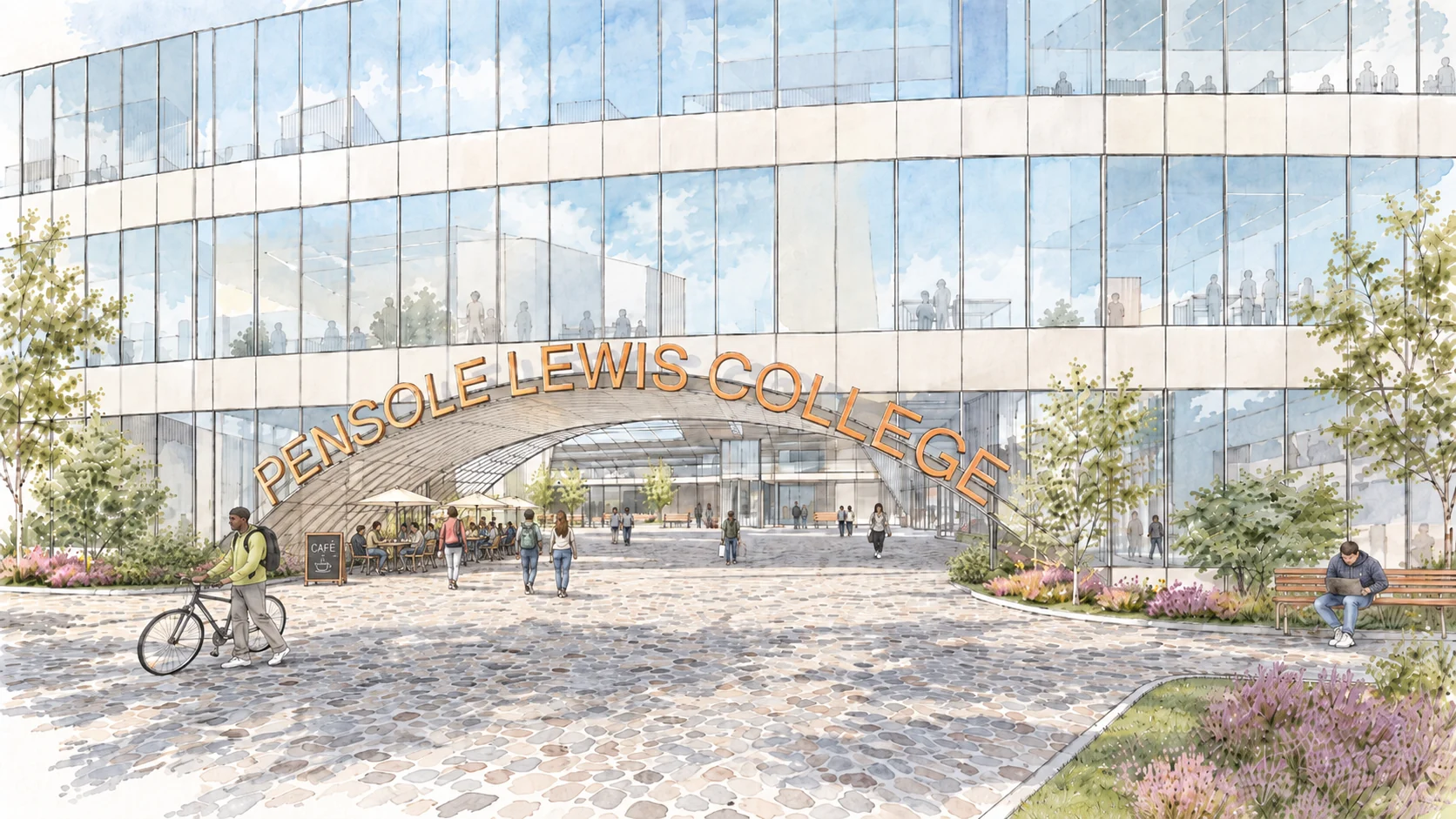 Home of Pensole: a landscaped public plaza and entrance to Pensole Lewis College.