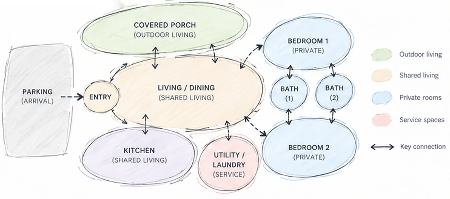 Preferred coloured pencil sketch bubble diagram showing entrance, covered porch, shared living, kitchen, private bedrooms, baths and utility
