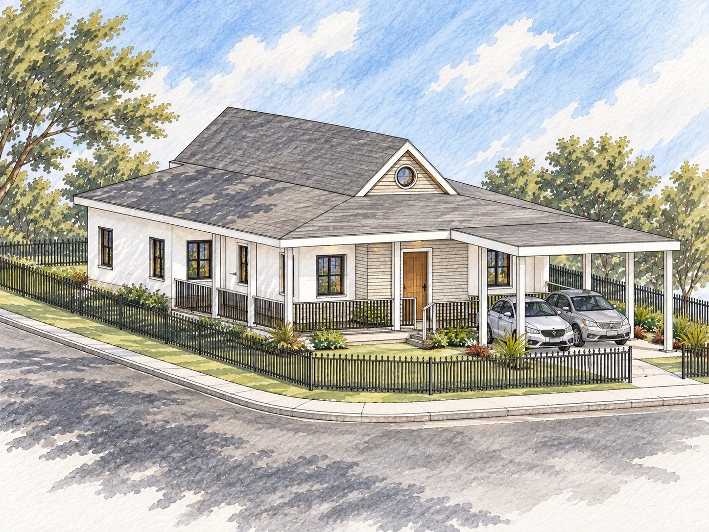 Original countryside living house illustration, showing the covered porch, pitched grey shingle roof, light exterior and carport
